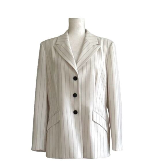 Le Suit Ivory Black Pinstriped Long Sleeve Flap Pockets Blazer Jacket Size 14 - Picture 1 of 12